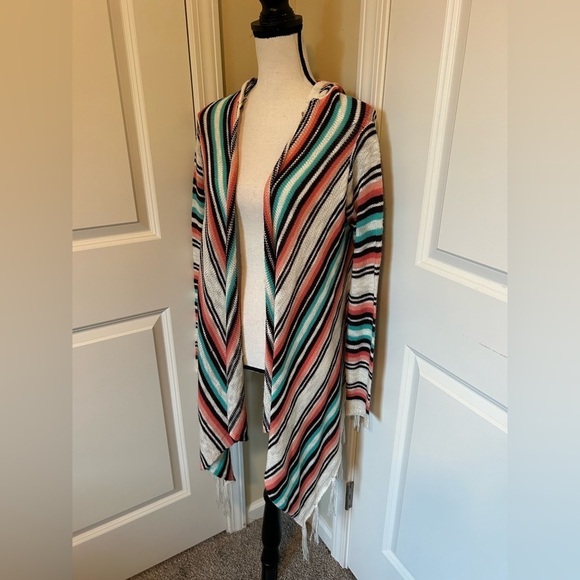 No Boundaries Sweaters - Boho Multicolor Open Front Cardigan with-hood native American or Mexican style